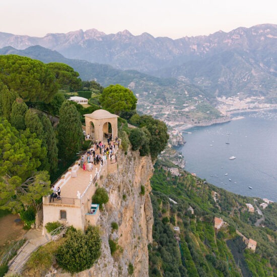 The Terrace of Infinity at Villa Cimbrone with breathtaking views of the Amalfi Coast and the Mediterranean Sea.