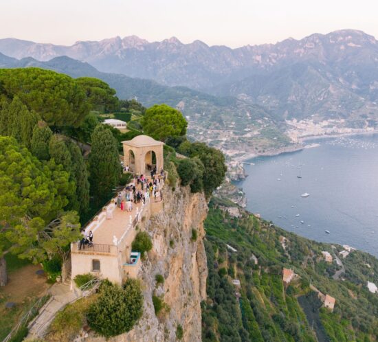 The Terrace of Infinity at Villa Cimbrone with breathtaking views of the Amalfi Coast and the Mediterranean Sea.